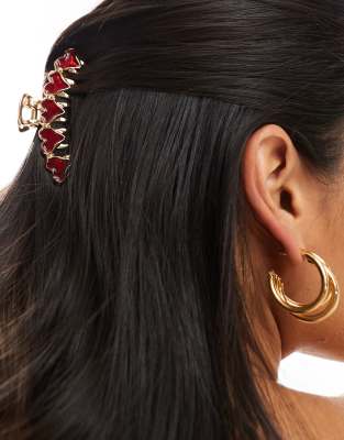 ASOS DESIGN hair clip claw with red heart detail in gold tone