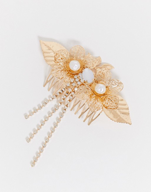 ASOS DESIGN hair clip in leaf and pearl design in gold tone