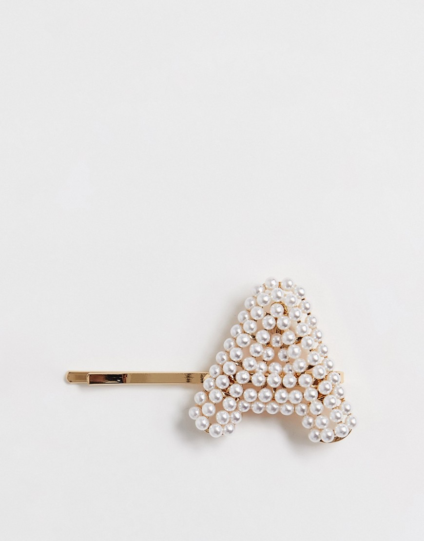ASOS DESIGN hair clip with pearl 'A' initial in gold tone