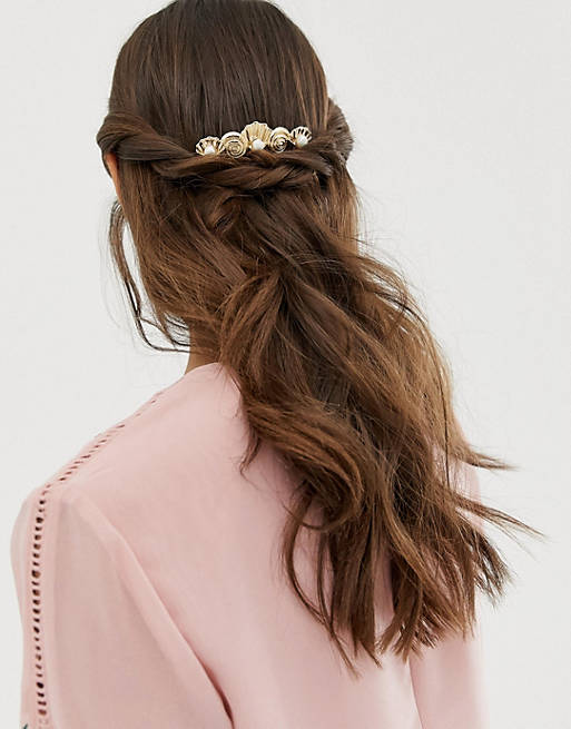 ASOS DESIGN hair comb in shell design with crystal and pearl detail in gold