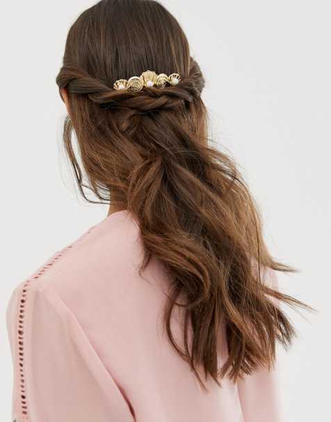 ASOS DESIGN hair comb in shell design with crystal and pearl detail in gold