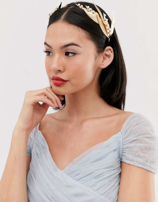 ASOS DESIGN hair crown in pearl studded metal leaf design ...