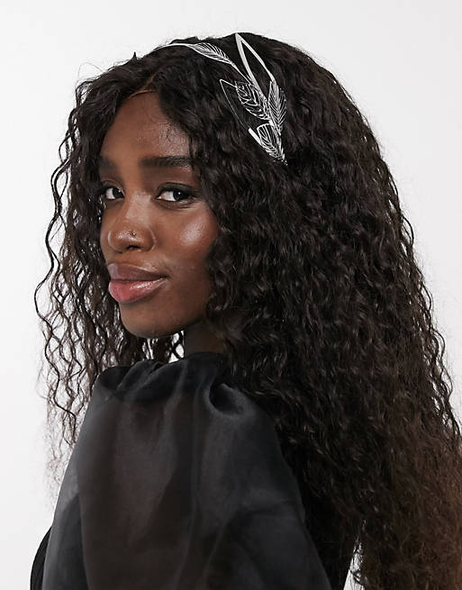ASOS DESIGN hair crown with leaf embellishment in silver tone