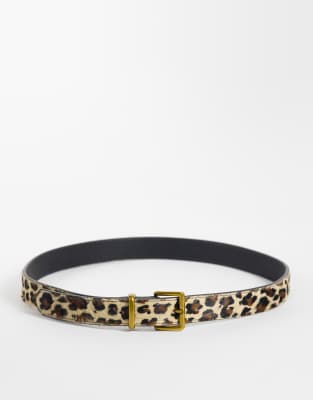 Asos Design Hair On Leather Belt With Square Buckle In Brown