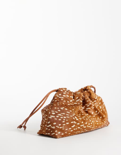 ASOS DESIGN hair on leather drawstring pouch clutch bag with detachable strap in deer print, 4 of 4