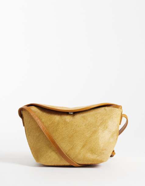 ASOS DESIGN hair on leather mini flap top crossbody bag in chartreuse - view 1