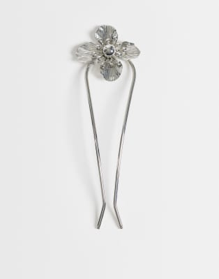 Asos Design Hair Pin With Flower Design In Silver