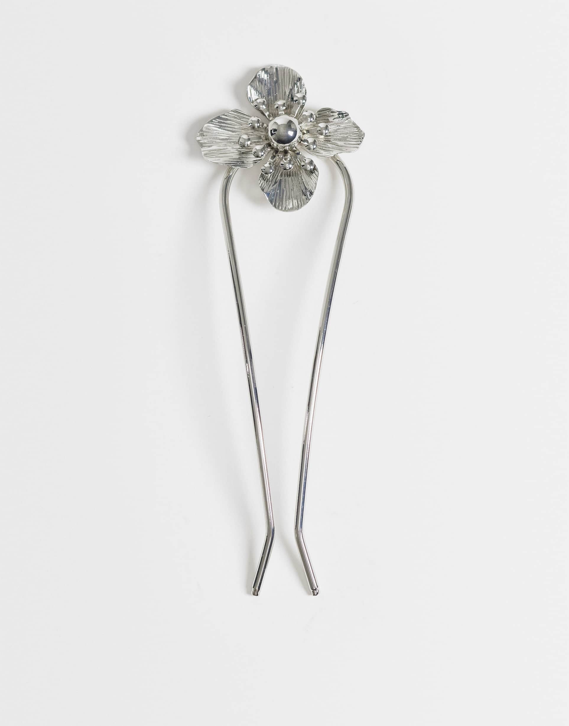asos design hair pin with flower design in silver tone