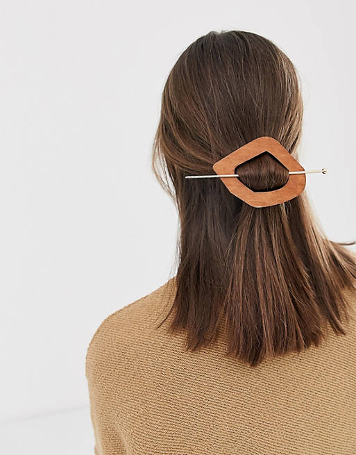 ASOS DESIGN hair pin with open circle wood shape in gold tone