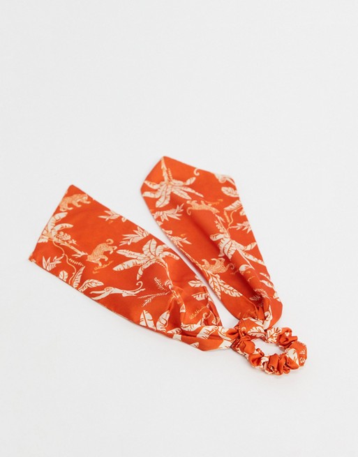 ASOS DESIGN hair scarf in palm and leopard print in orange