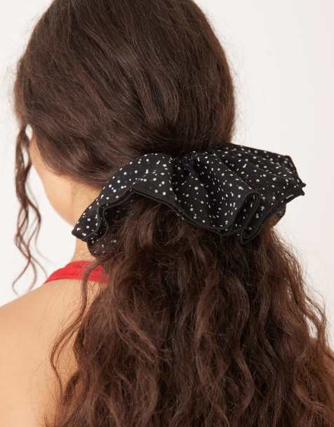 ASOS DESIGN hair scrunchie with gathered polka dot fabric in black - view 1