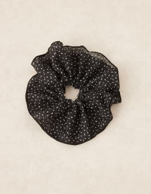 Asos Design Hair Scrunchie With Gathered Polka Dot Fabric In Black