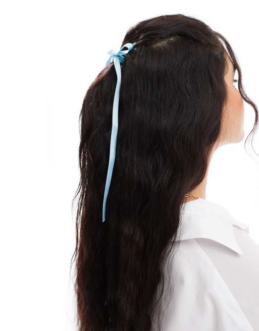 ASOS DESIGN hairband with skinny bow detail in light blue, 4 of 4