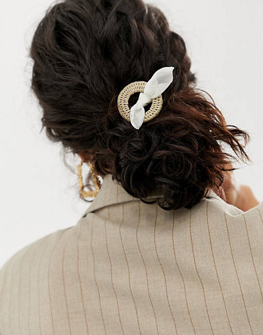 ASOS DESIGN hairband with woven open circle detail and bow in cream