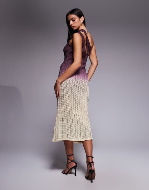 ASOS DESIGN – Häkel-Midikleid in Rosa mit Farbverlauf, Schulterschlitz und Strassverzierung, 3 von 4