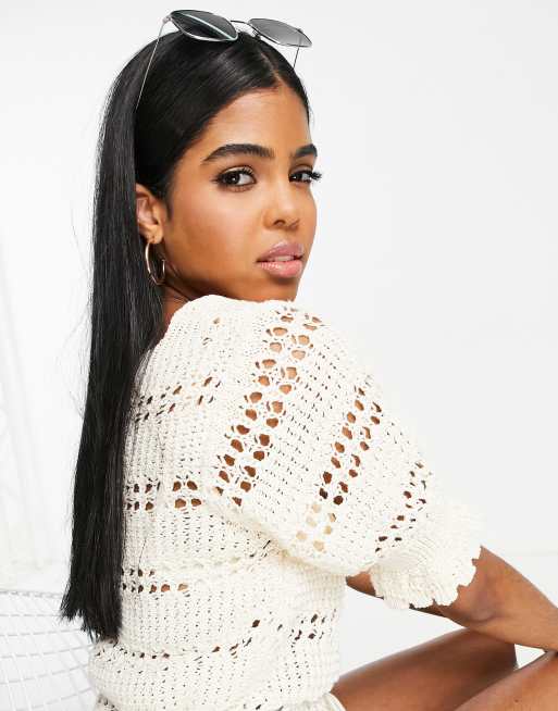 ASOS DESIGN – Häkelshirt in Creme mit eckigem Ausschnitt und Taillenschnürung , 4 von 4