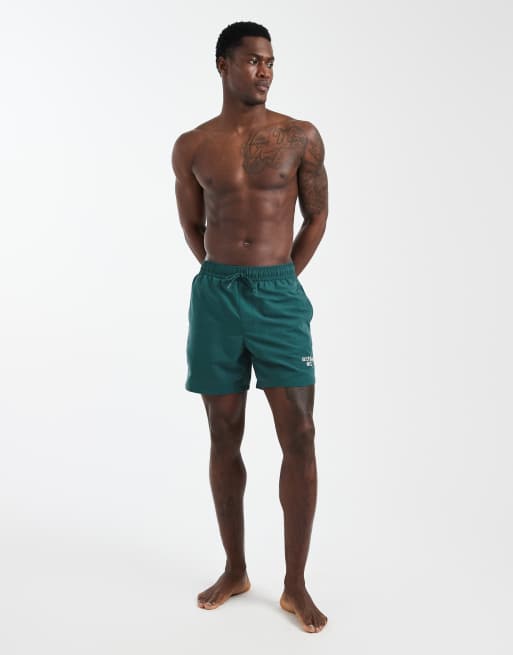ASOS DESIGN – Halblange Badeshorts in Grün mit Stickerei, 2 von 5