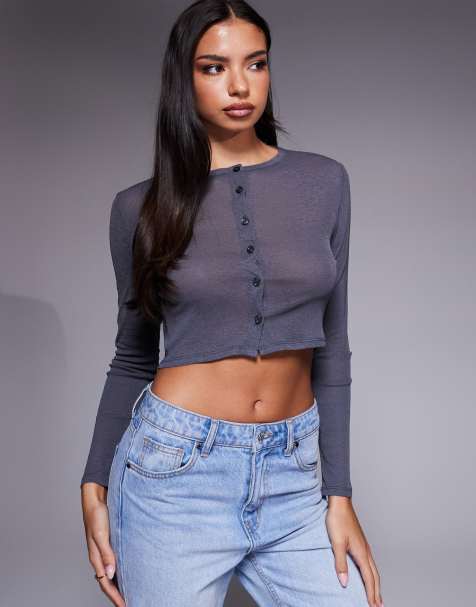 ASOS DESIGN – Halbtransparente Cropped-Strickjacke aus Mesh in Anthrazit - view 1