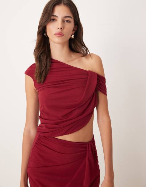 ASOS DESIGN – Halbtransparentes Netzoberteil in Rot mit asymmetrischer Drapierung, Kombiteil - view 1