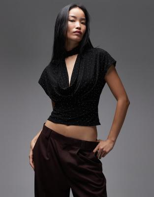 ASOS DESIGN - Halbtransparentes Oberteil in Schwarz mit tiefem Wasserfallausschnitt und Strassverzierung