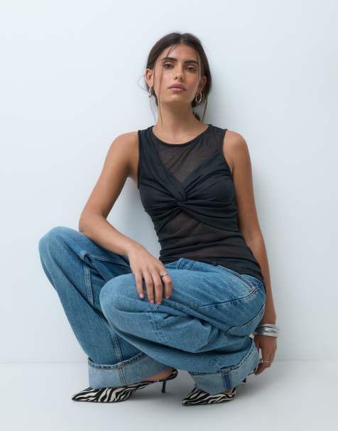ASOS DESIGN halbtransparentes Strick-Top mit geraffter Brustpartie und Overlay in Schwarz - view 1