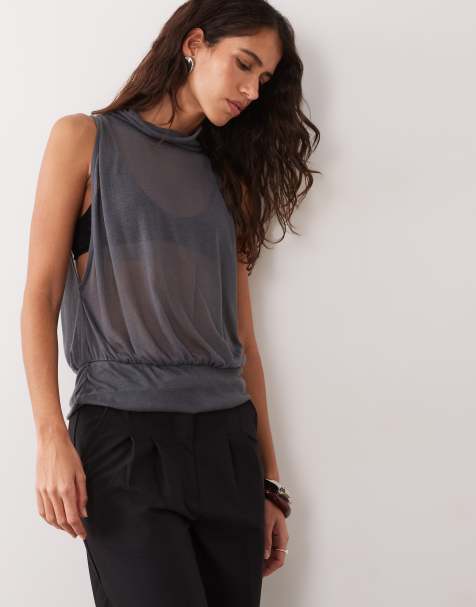 ASOS DESIGN halbtransparentes Tanktop in Strickoptik mit Stehkragen in Anthrazit - view 1