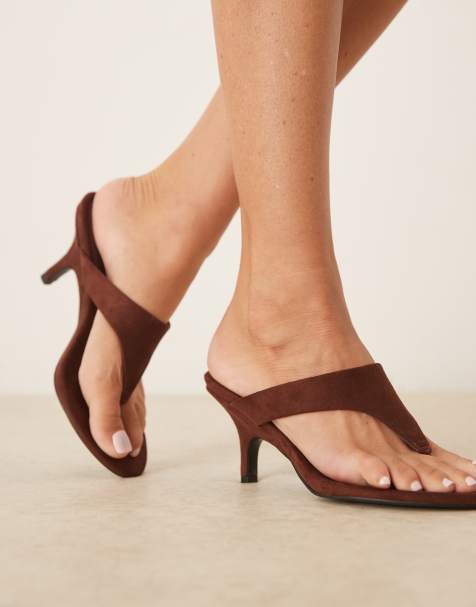 ASOS DESIGN Hale suedette toe thong mid heeled sandals in chocolate - view 1