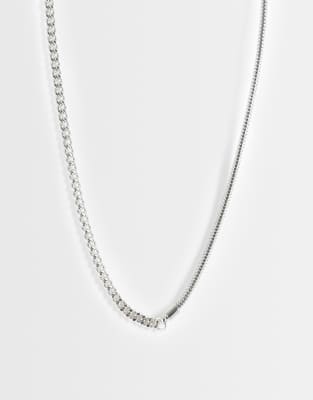 Asos Design Half And Half Snake Curb Chain T-bar Necklace In Silver