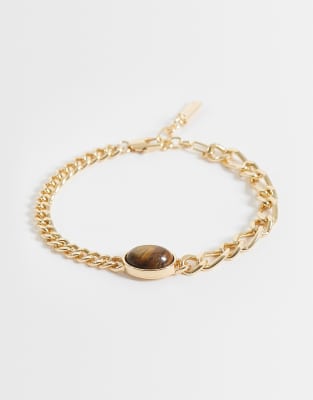 Asos Design Half And Half Tigers Eye Chain Bracelet In Gold