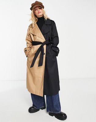 ASOS DESIGN half and half trench coat in black and stone
