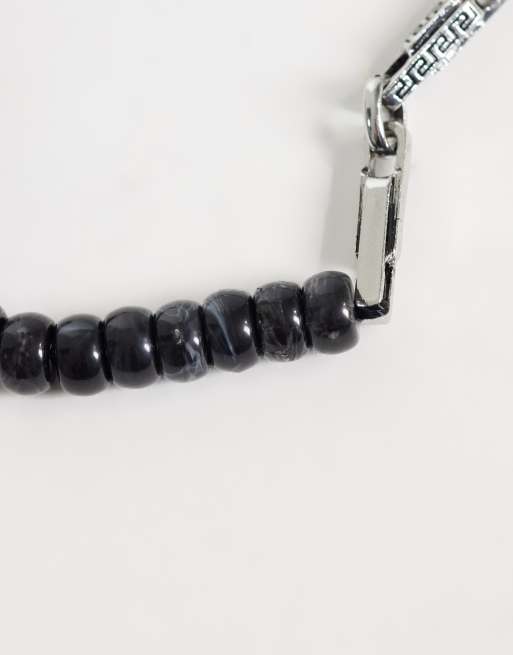 ASOS DESIGN half bead/half Greek wave engraved link chain bracelet in silver, 2 of 3