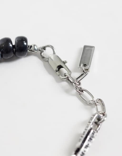 ASOS DESIGN half bead/half Greek wave engraved link chain bracelet in silver, 3 of 3