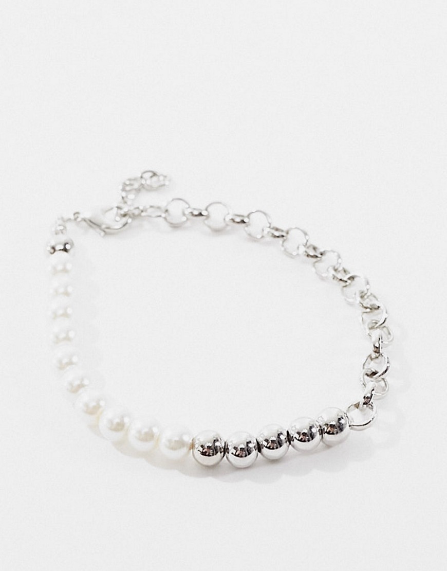 ASOS DESIGN half chain and pearl bracelet in silver tone
