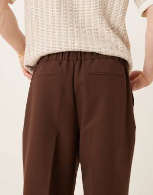 ASOS DESIGN half elasticized wide leg dress pants with front pleats and chunky belt loops in brown