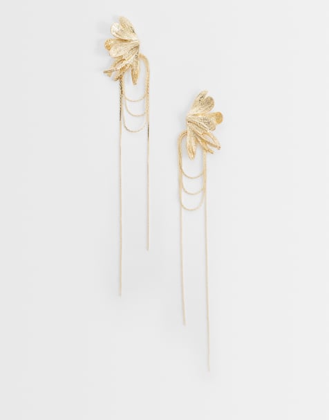 ASOS DESIGN half flower earrings with chain drop details in gold tone - view 1