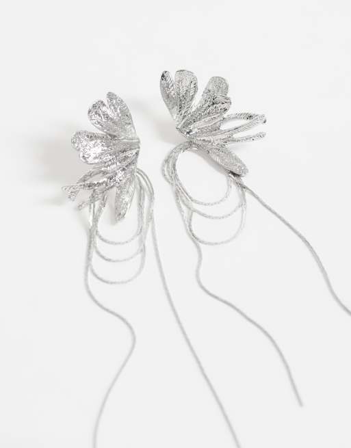 ASOS DESIGN half flower earrings with chain drop details in silver tone, 2 of 4