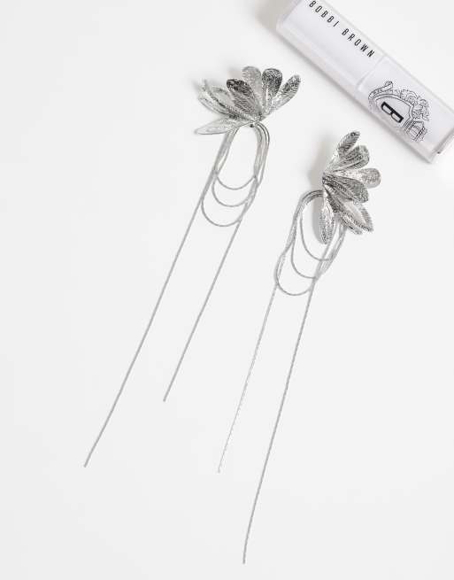 ASOS DESIGN half flower earrings with chain drop details in silver tone, 3 of 4