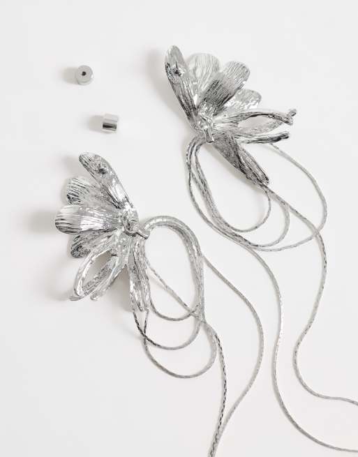 ASOS DESIGN half flower earrings with chain drop details in silver tone, 4 of 4