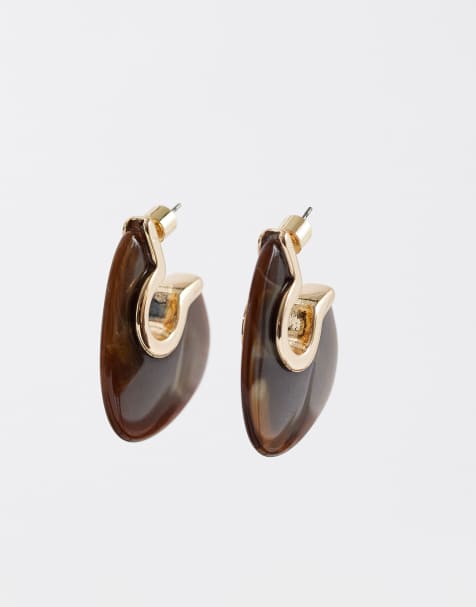 ASOS DESIGN half hoop earrings in brown resin and gold tone - view 1