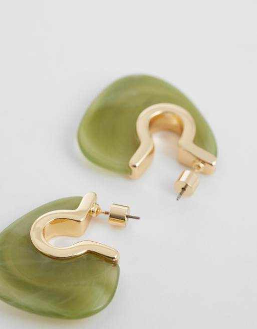 ASOS DESIGN half hoop earrings with green resin design in gold tone, 3 of 4