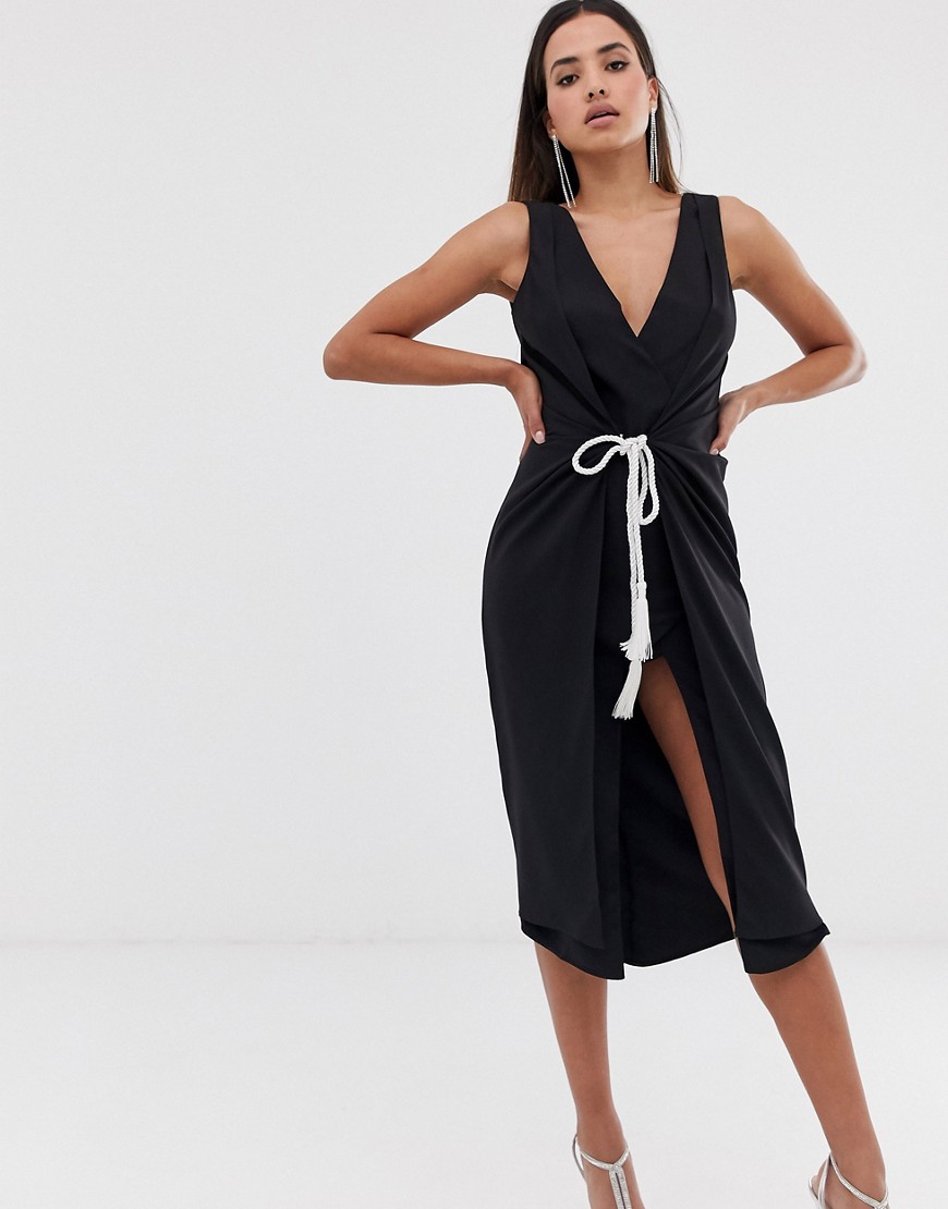 ASOS DESIGN - Half lange jurk met strikceintuur van touw aan de taille-Zwart