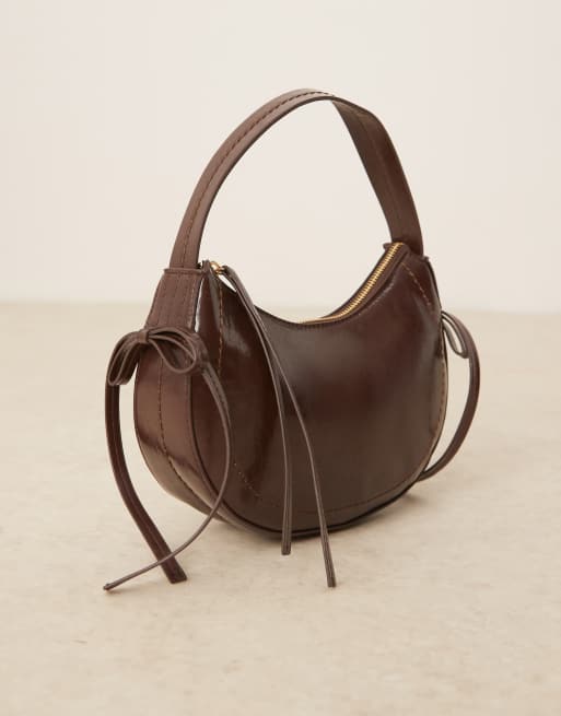 ASOS DESIGN half moon shoulder bag with side bow details in chocolate, 3 of 4