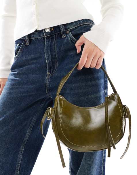 ASOS DESIGN half moon shoulder bag with side bow details in dark olive - view 1