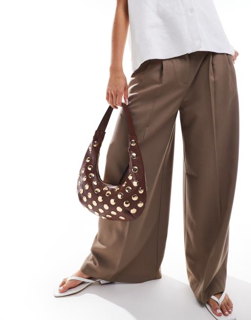 ASOS DESIGN half moon studded shoulder bag in chocolate