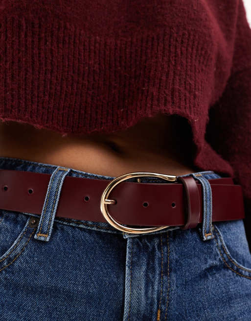 ASOS DESIGN half moon waist and hip jeans belt in burgundy