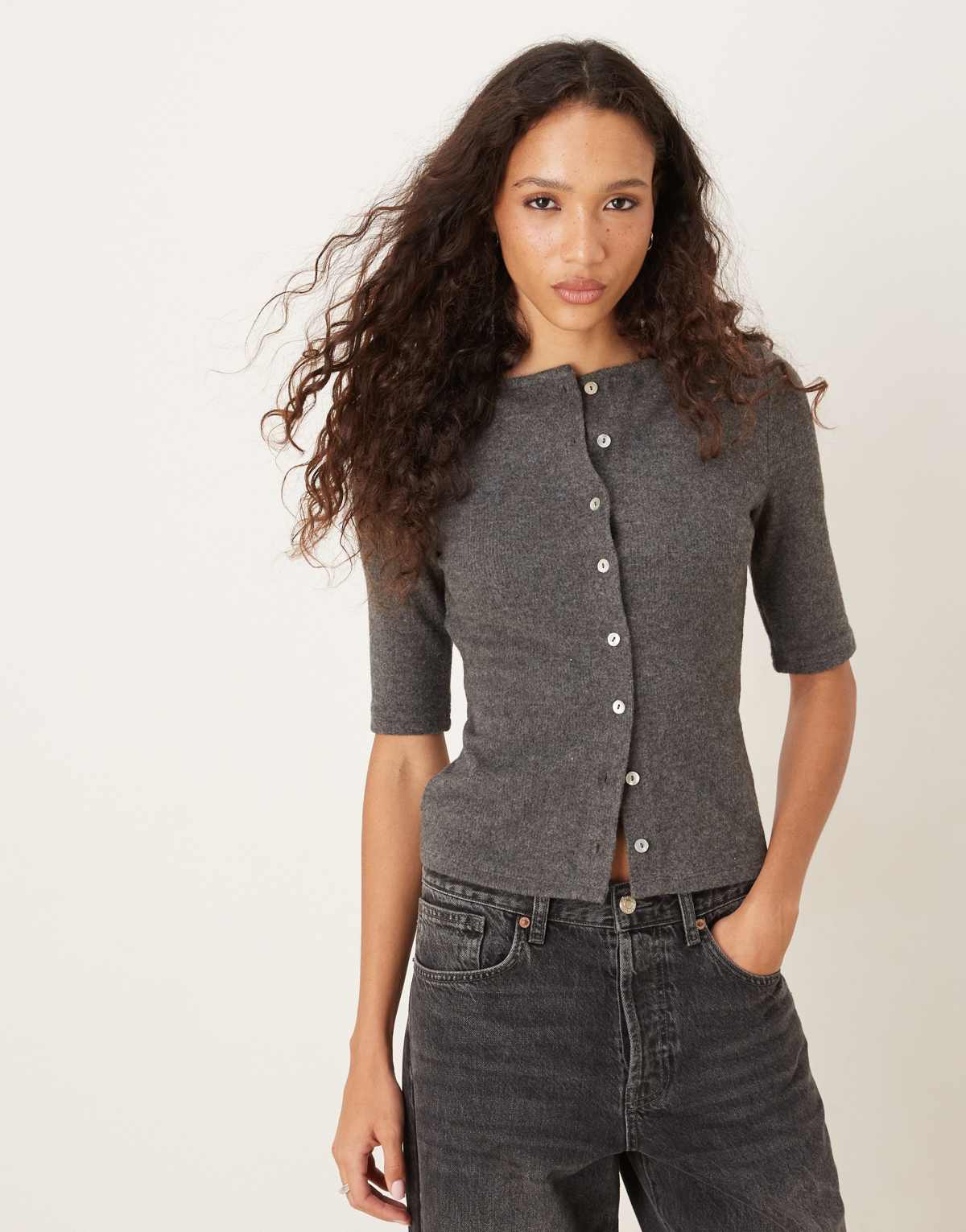 ASOS DESIGN half sleeve button through supersoft cardigan in grey marl