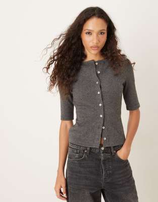 Asos Design Half Sleeve Button Up Supersoft Cardigan In Gray