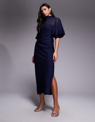 Asos Design Half Wide Sleeve Column Chiffon And Satin Contrast Dress In Blue