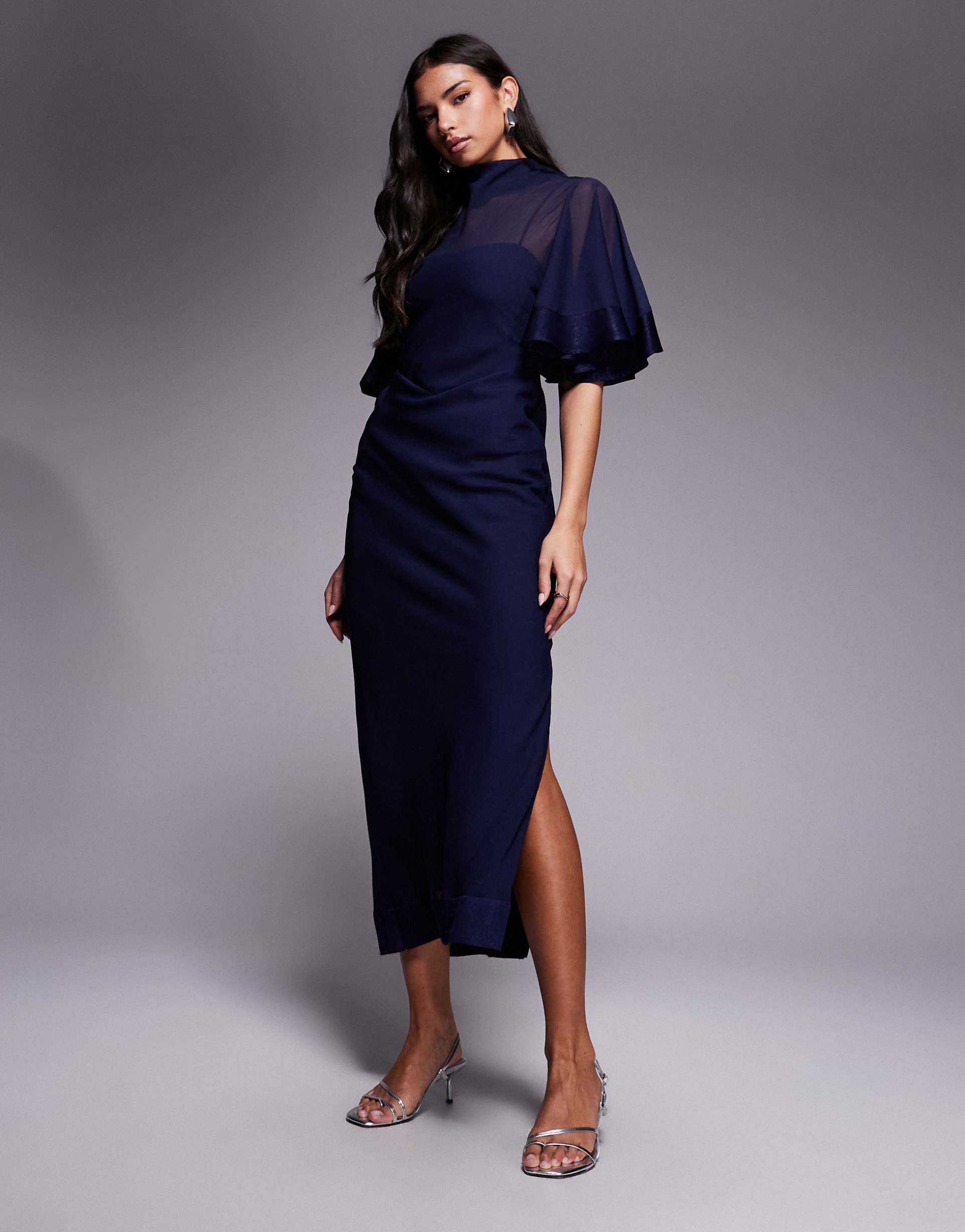 asos design half wide sleeve column chiffon and satin contrast dress in navy