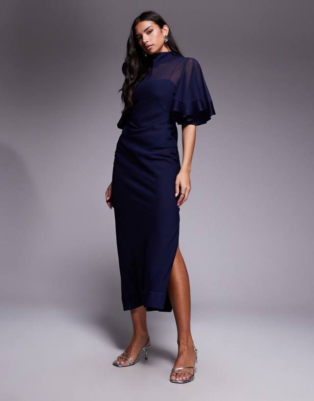 ASOS DESIGN half wide sleeve column chiffon and satin contrast dress in navy  | ASOS